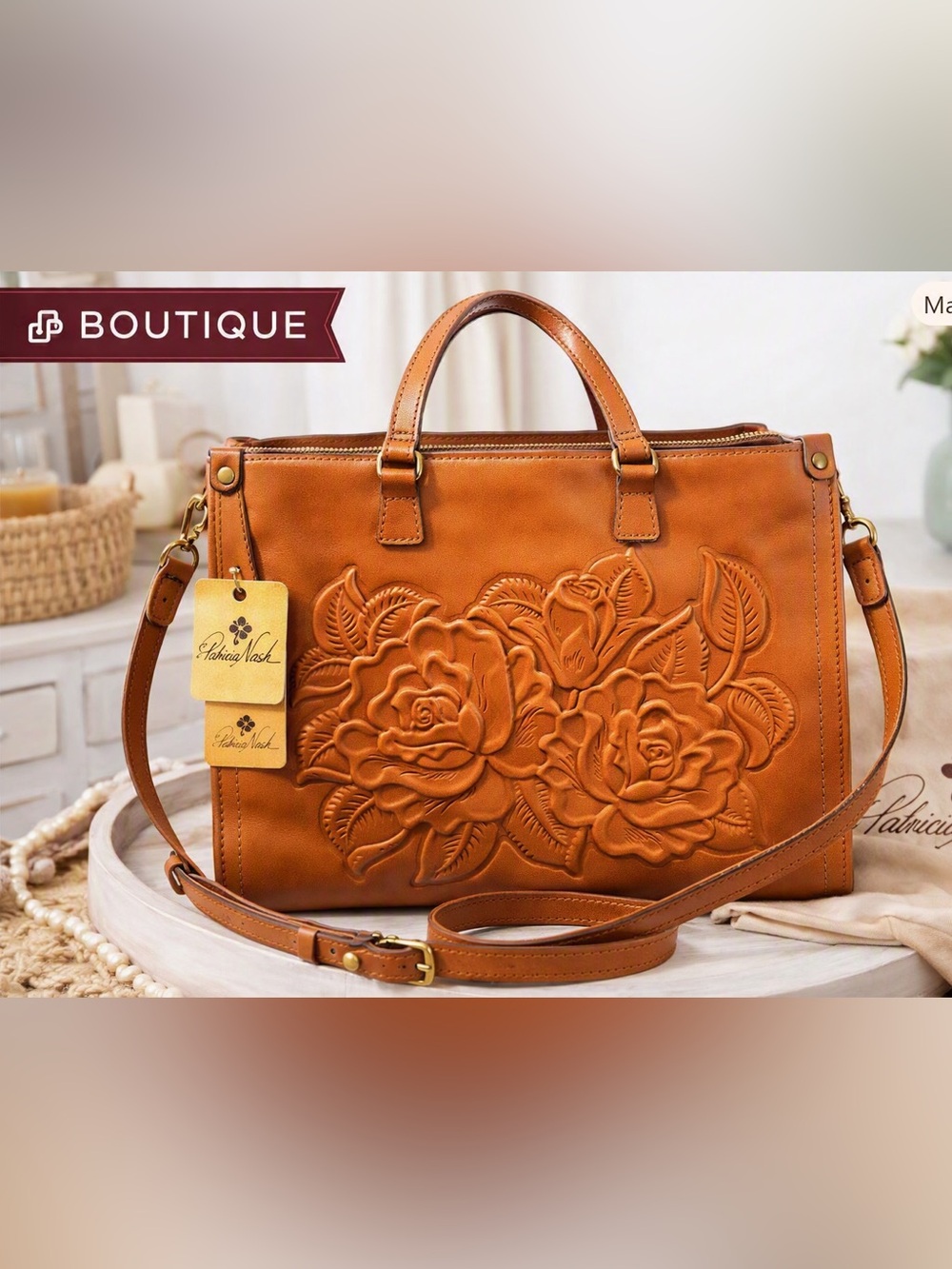 Patricia Nash Rose‑Tooled Leather Shoulder Bag — NWT
